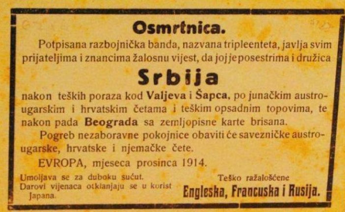 Naša porobljena braća iz Austo-Ugarske 1914. objavila posmrtni list za Srbiju
